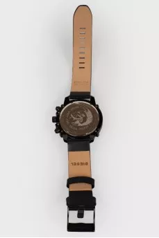 Men's watch on a black leather strap with a tag