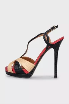 Raffia and leather heeled sandals