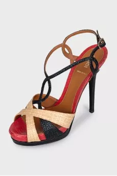 Raffia and leather heeled sandals