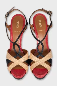 Raffia and leather heeled sandals