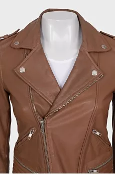 Brown leather jacket with a zipper