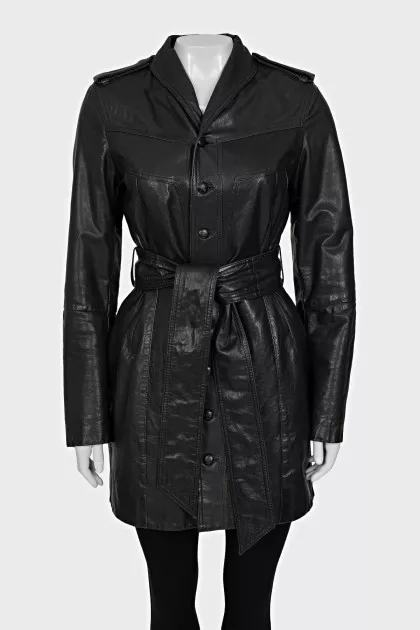 Black leather coat with a belt