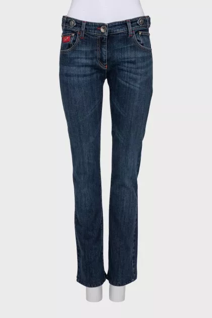 Blue straight-leg jeans with silver logo