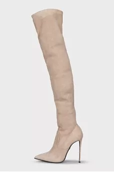 Beige suede over-the-knee boots