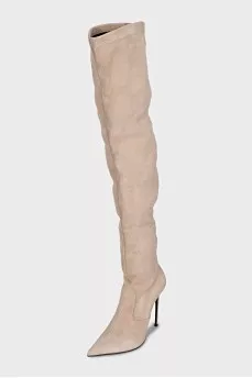 Beige suede over-the-knee boots