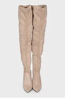 Beige suede over-the-knee boots
