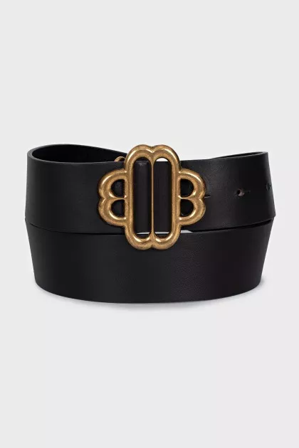 Black leather belt with a shaped buckle