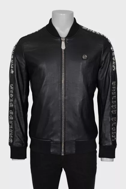 Men's leather jacket with metal decor