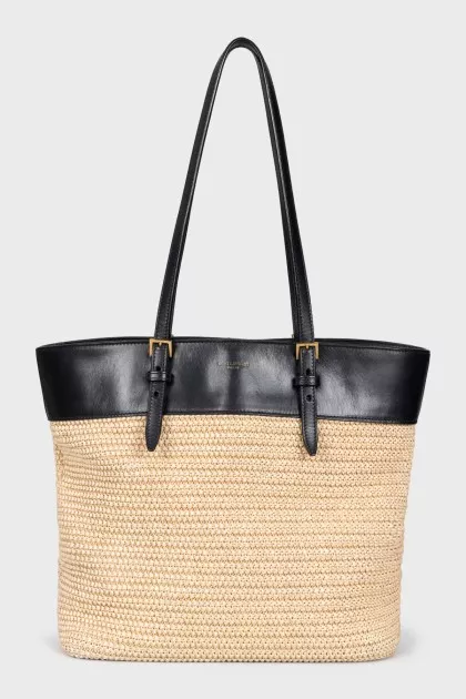 Raffia and leather tote