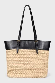 Raffia and leather tote
