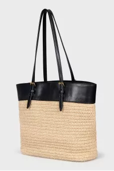 Raffia and leather tote