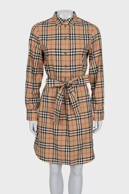 Plaid button-down dress with belt