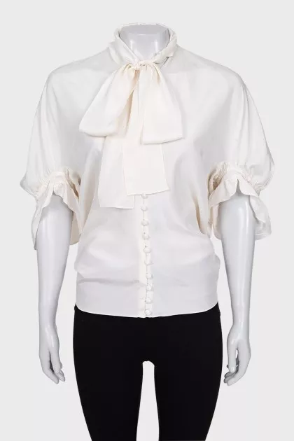 Silk button-down blouse with bow