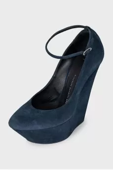 Blue suede wedge shoes