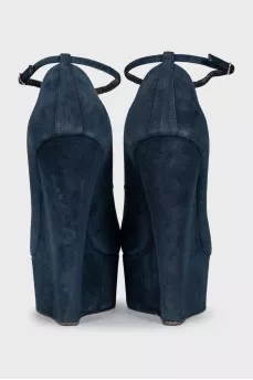 Blue suede wedge shoes