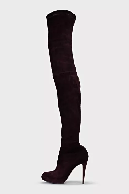 Brown suede stiletto heeled over-the-knee boots