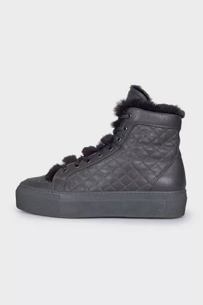 Gray leather boots with fur