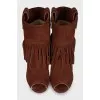Brown suede open toe ankle boots