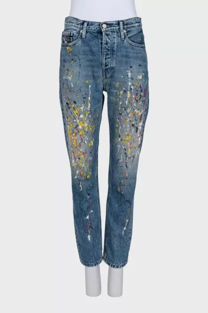 Straight-leg blue jeans with print