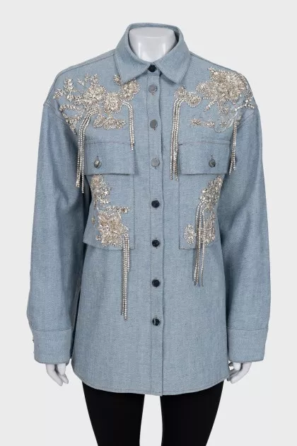 Oversized denim shirt with rhinestones