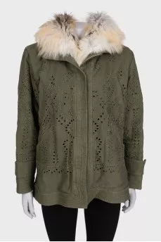 Green jacket with fox fur
