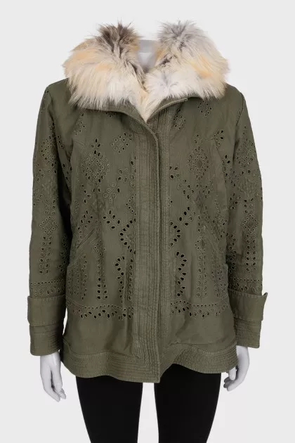 Green jacket with fox fur