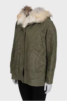Green jacket with fox fur