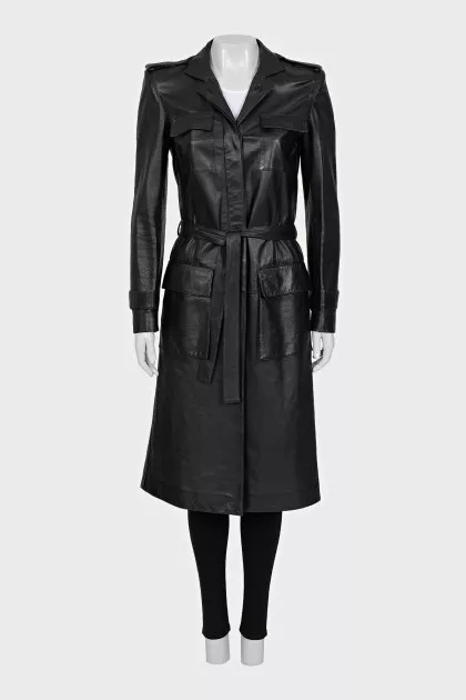 Leather coat with a belt