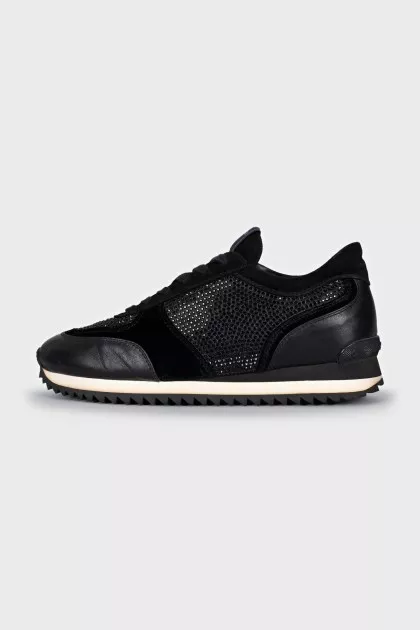 Leather and velvet sneakers with rhinestones