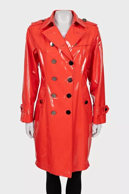 Red faux leather raincoat