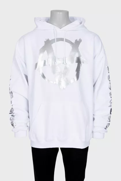 Men's white hoodie with silver logo