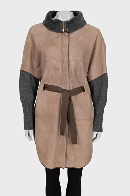 Leather coat with cashmere sleeves