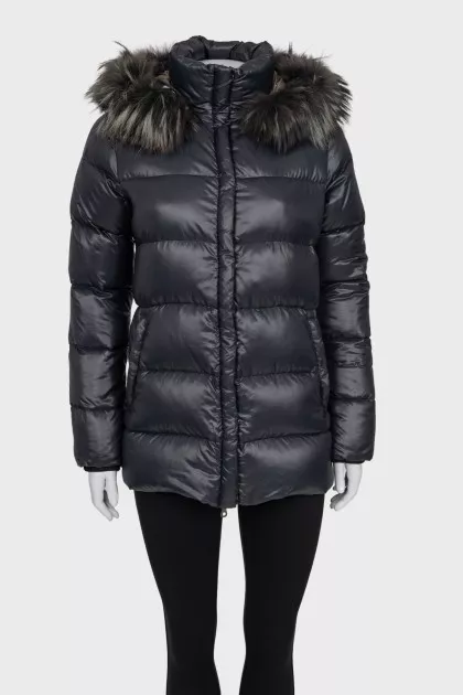 Straight down jacket with fur trim on the hood