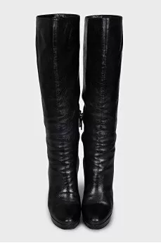 Black leather heeled boots