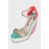 Leather and textile sandals with a woven wedge heel