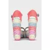 Leather and textile sandals with a woven wedge heel