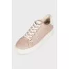 Beige leather sneakers with logo