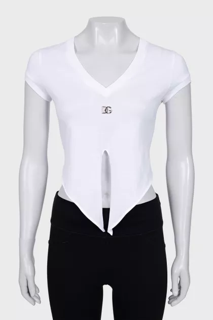 White top with ties and silver logo