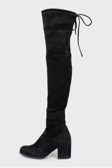 Suede over-the-knee boots with heels and laces