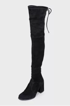 Suede over-the-knee boots with heels and laces