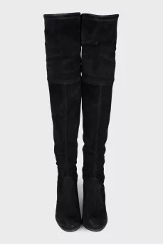 Suede over-the-knee boots with heels and laces