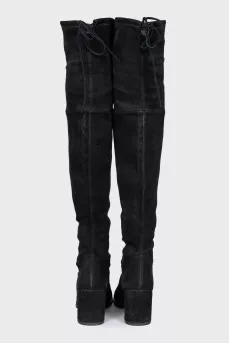 Suede over-the-knee boots with heels and laces