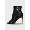 Black leather open toe ankle boots