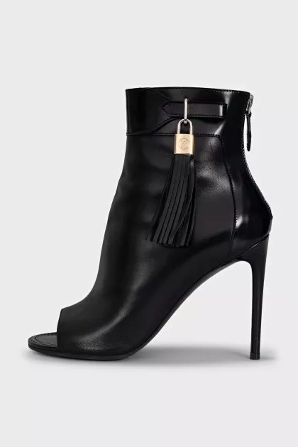 Black leather open toe ankle boots