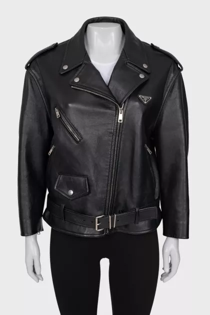 Leather jacket with brand logo
