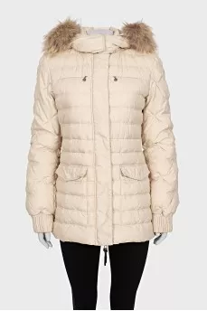 Fitted down jacket with raccoon fur