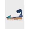 Leather and textile wedge sandals