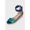 Leather and textile wedge sandals