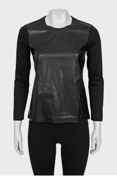 Straight long sleeve top with eco-leather insert