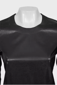 Straight long sleeve top with eco-leather insert
